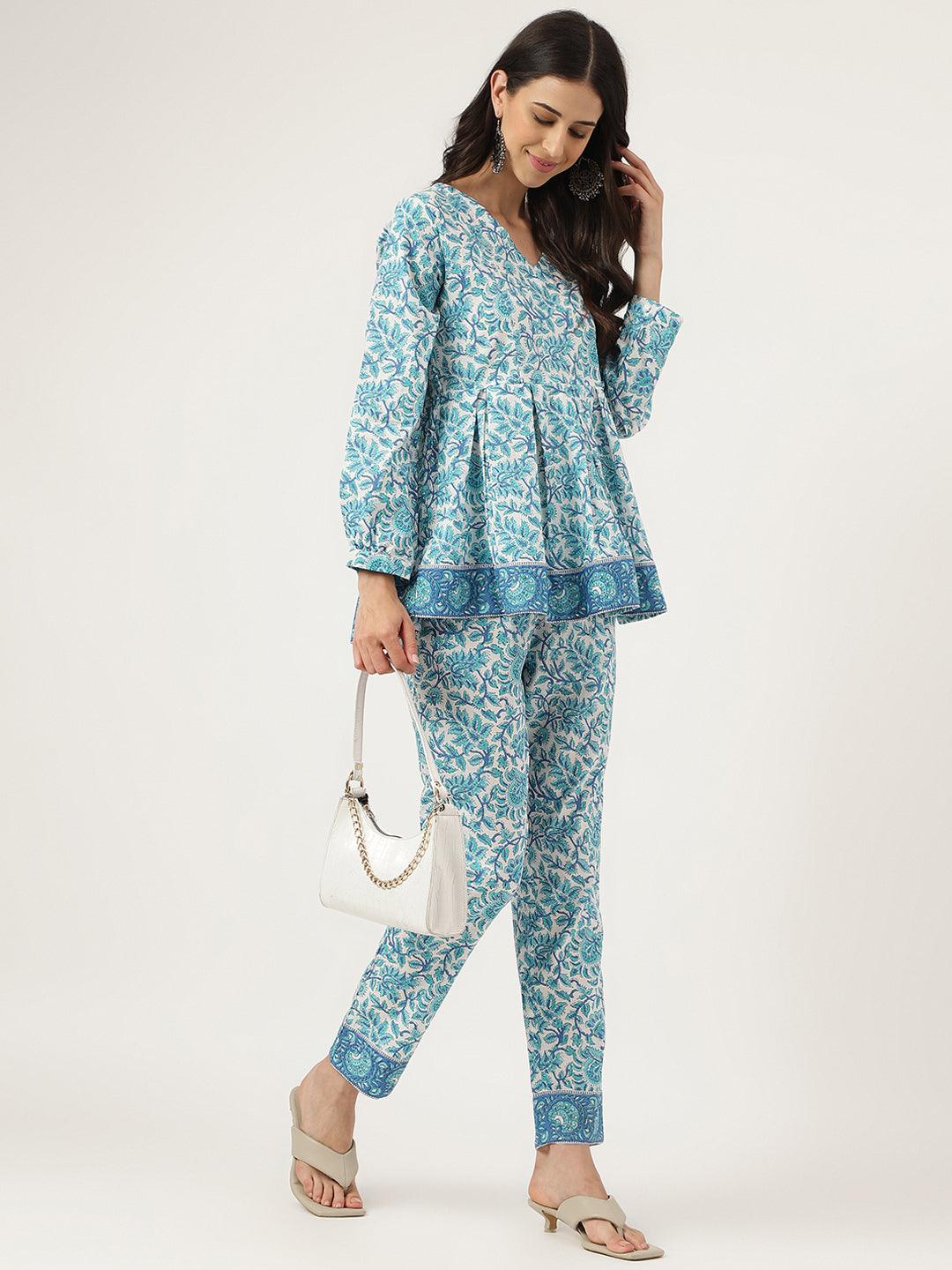  White Floral Printed Cotton Peplum Top Pant Co-ords Sets -  world