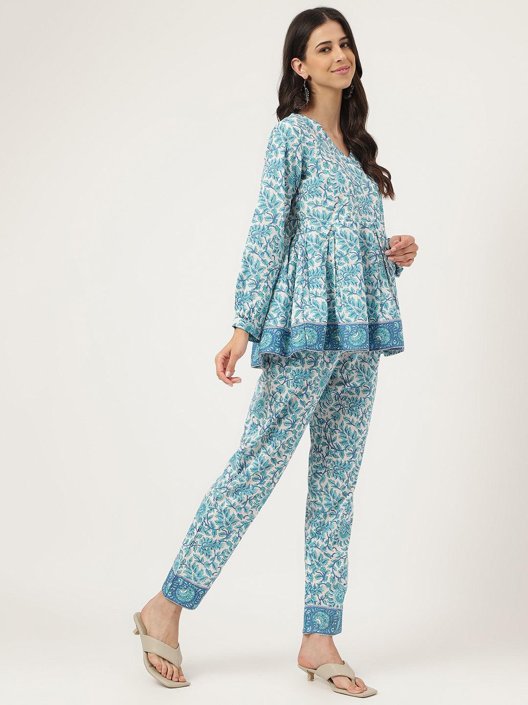  White Floral Printed Cotton Peplum Top Pant Co-ords Sets -  world