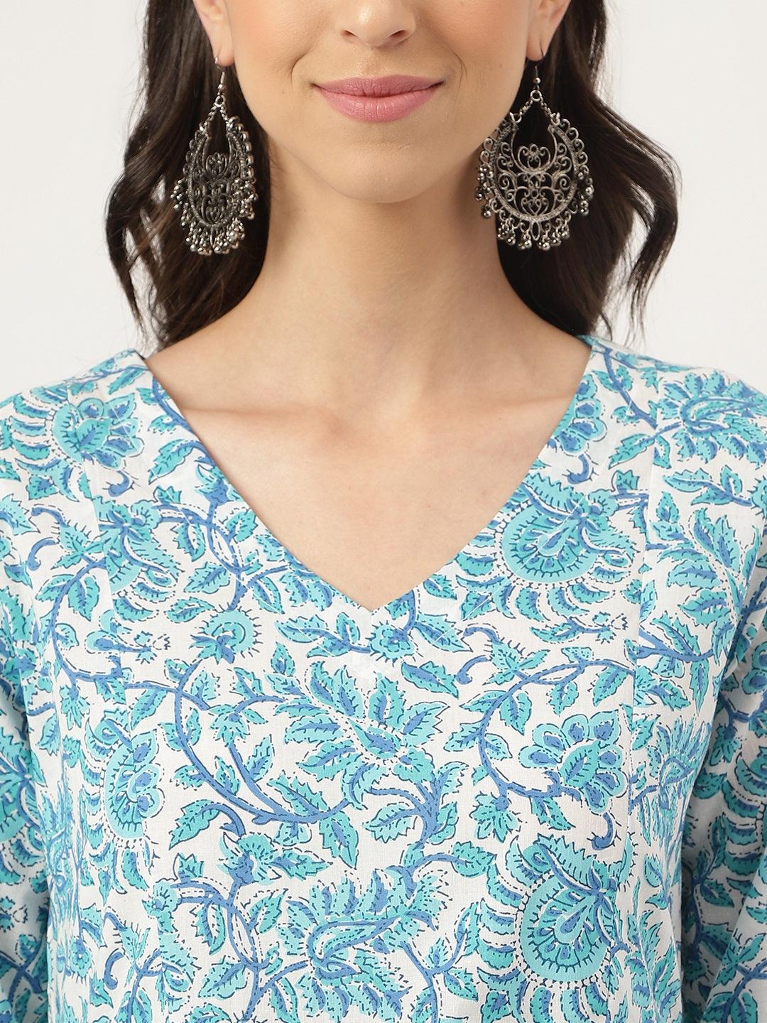  White Floral Printed Cotton Peplum Top Pant Co-ords Sets -  world