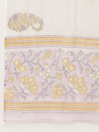 Lavender Hand Block Printed Cotton Kurta, Trouser with Kota Doria Dupatta Set