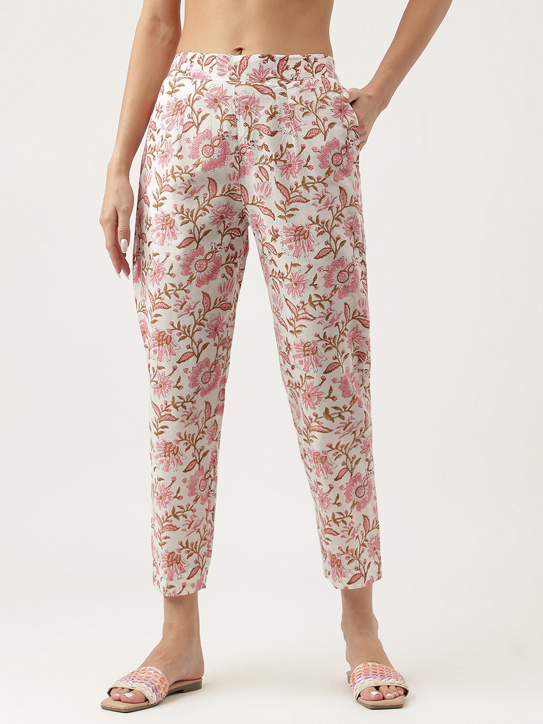 Pink hand block Floral Printed Cotton Kurta, trousers with Dupatta Set
