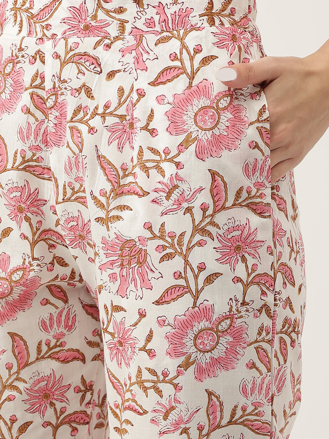 Pink Floral HandBlock Printed Cotton Anarkali Kurta, trouser with Dupatta Set
