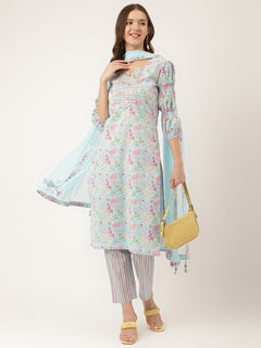 Blue Floral Print Cotton  Kurta, Trouser With Dupatta