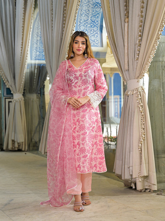 Pink Hand Block Tussar Silk Straight Kurta Pant With Dupatta