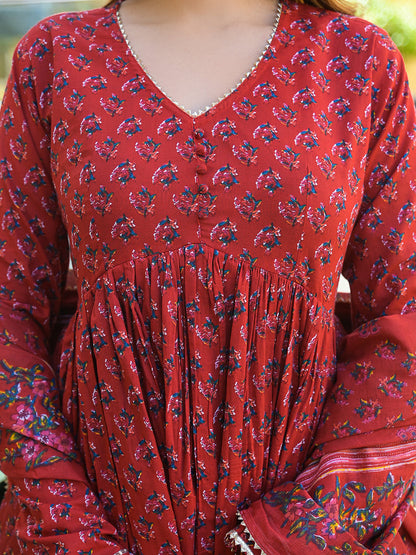 Red Floral Cotton Printed Anarkali Kurta Pant With Dupatta