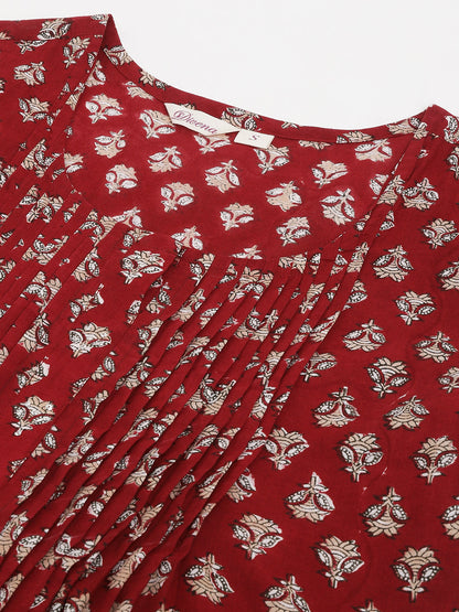 Maroon Floral Printed Cotton Peplum Top