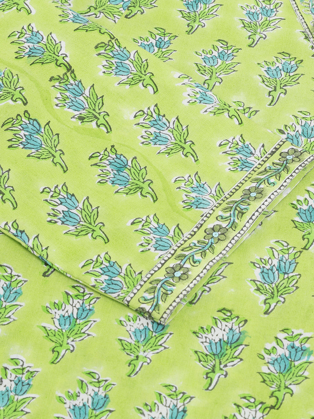Green Handblock Floral Printed Kurta Trouser & Kota Doria Dupatta Set