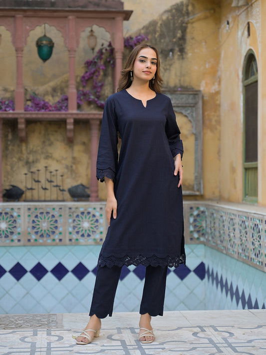 Navy Blue Cotton Straight Fit Lace Border Kurta with Trouser