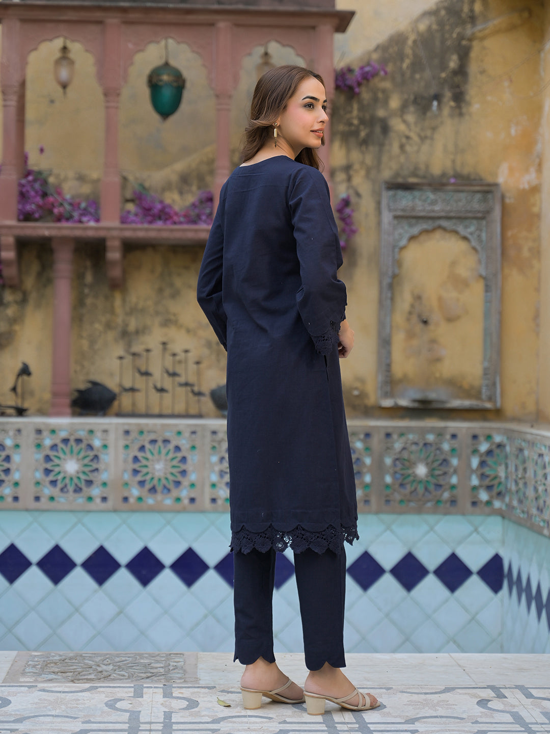 Navy Blue Cotton Straight Fit Lace Border Kurta with Trouser