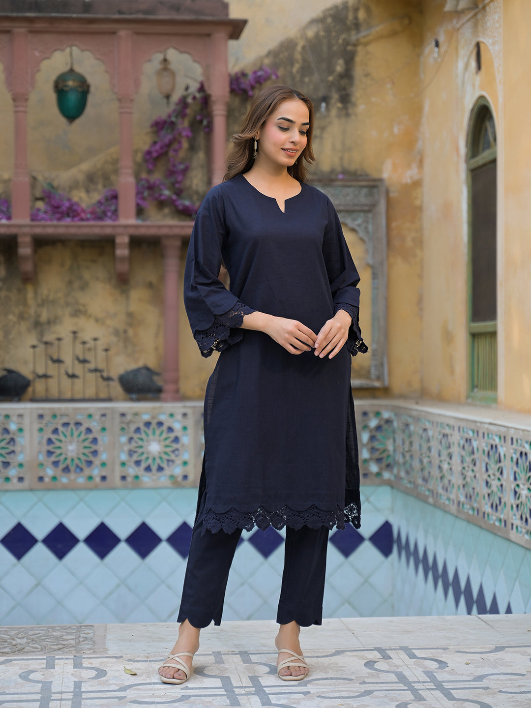 Navy Blue Cotton Straight Fit Lace Border Kurta with Trouser