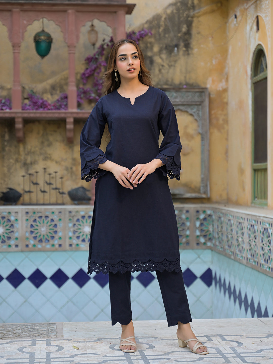 Navy Blue Cotton Straight Fit Lace Border Kurta with Trouser
