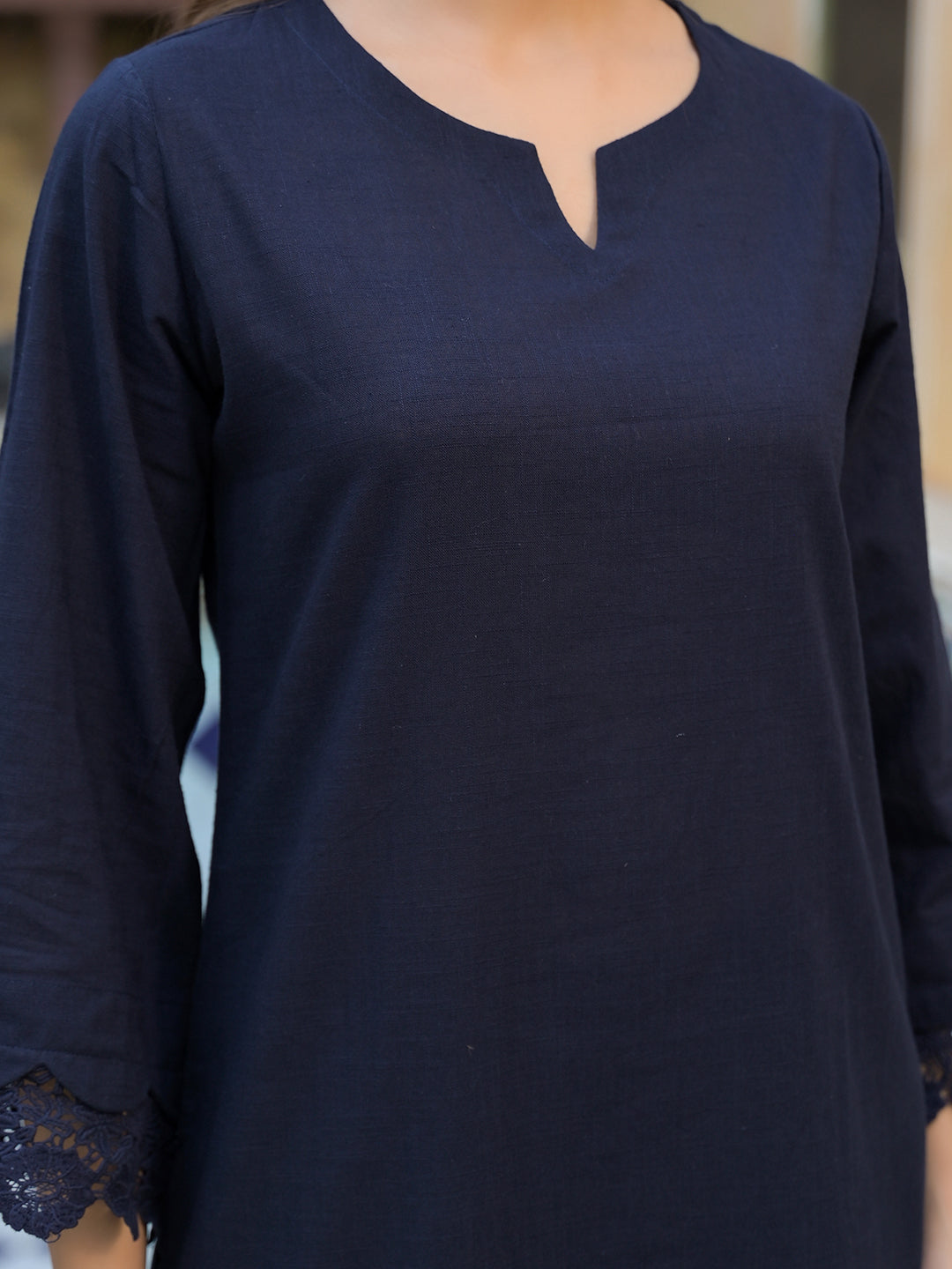 Navy Blue Cotton Straight Fit Lace Border Kurta with Trouser