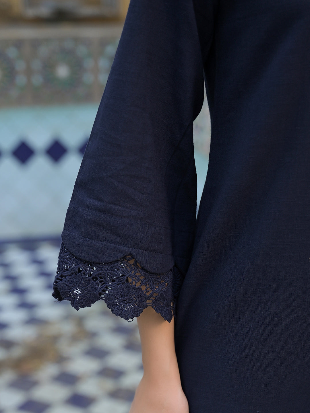 Navy Blue Cotton Straight Fit Lace Border Kurta with Trouser
