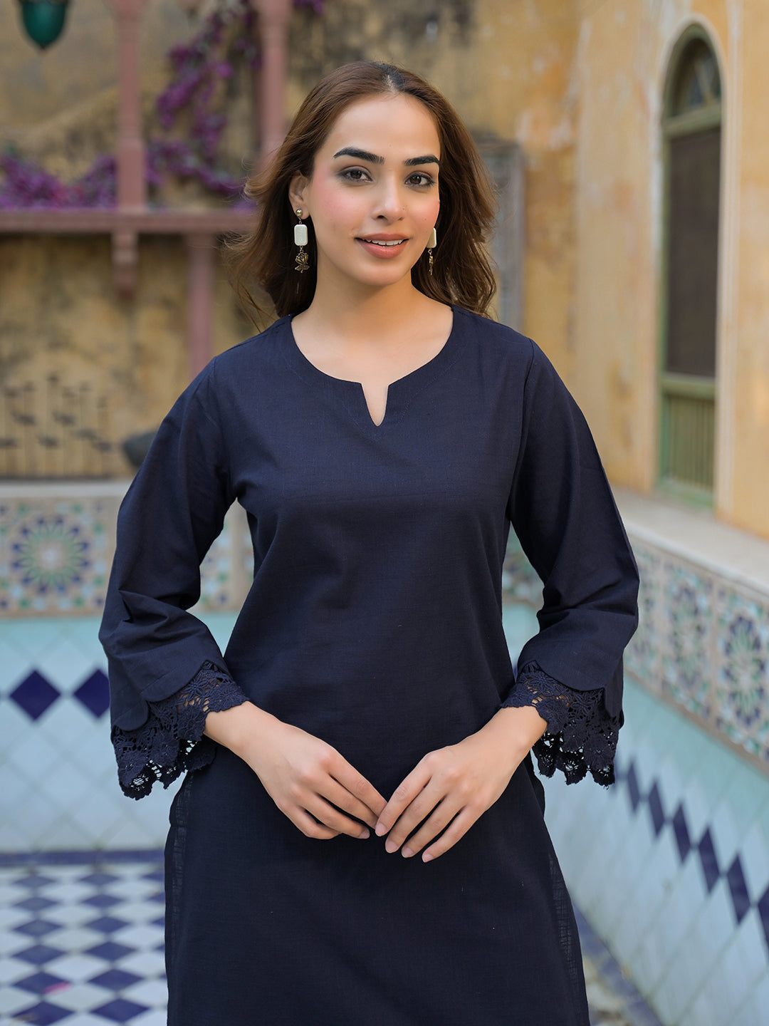 Navy Blue Cotton Straight Fit Lace Border Kurta with Trouser