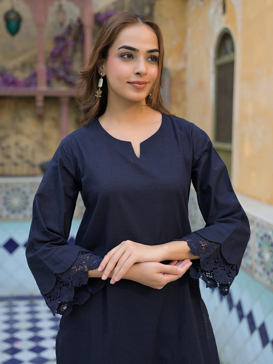 Navy Blue Cotton Straight Fit Lace Border Kurta with Trouser