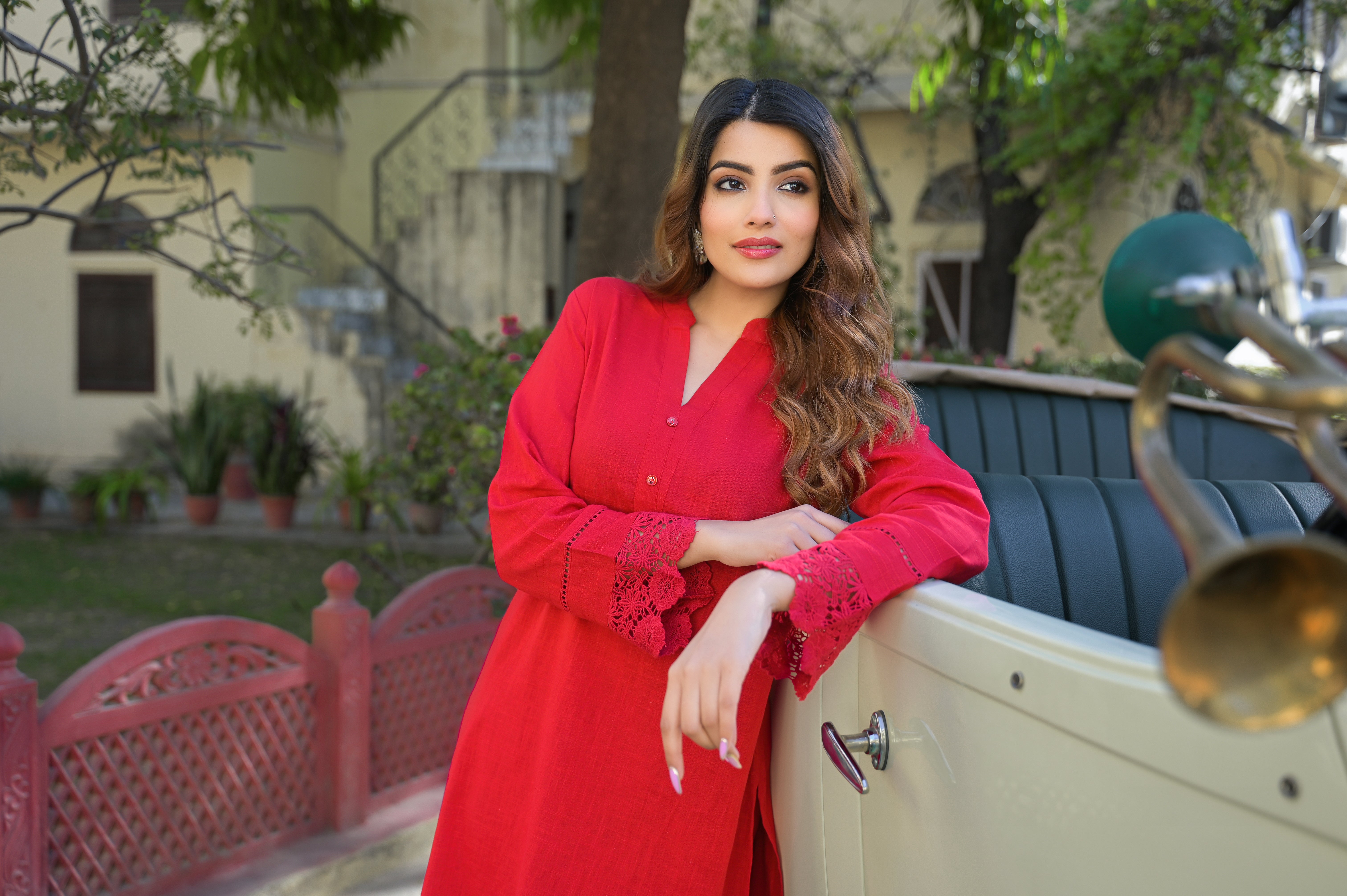Red Solid Print Cotton Fabric  Shirt Kurta with Trouser