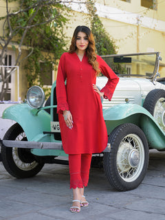 Red Solid Print Cotton Fabric  Shirt Kurta with Trouser