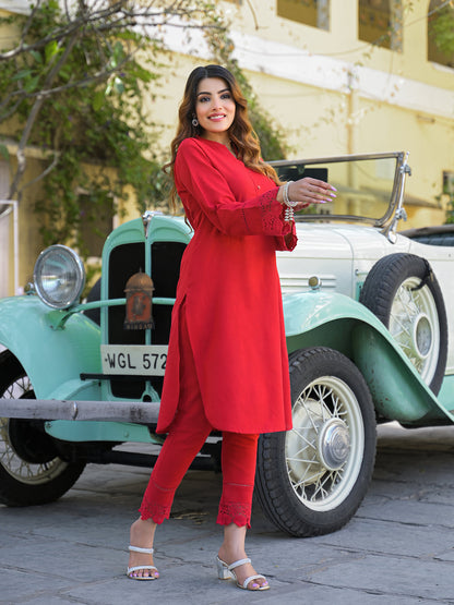 Red Solid Print Cotton Fabric  Shirt Kurta with Trouser