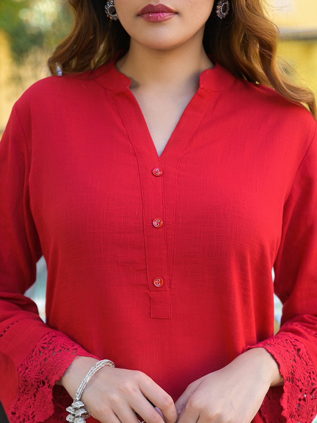 Red Solid Print Cotton Fabric  Shirt Kurta with Trouser