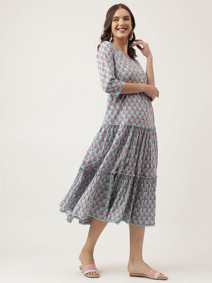 Sky Blue Floral Printed Cotton Tiered Dress