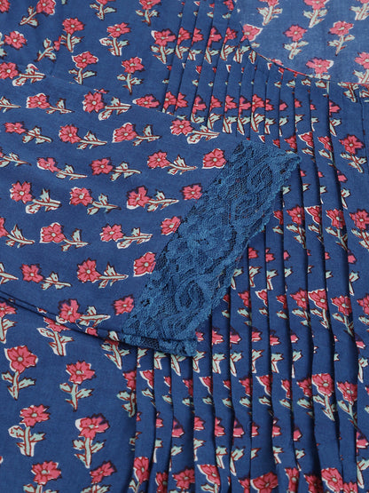Navy Blue Floral Printed Cotton Peplum Top