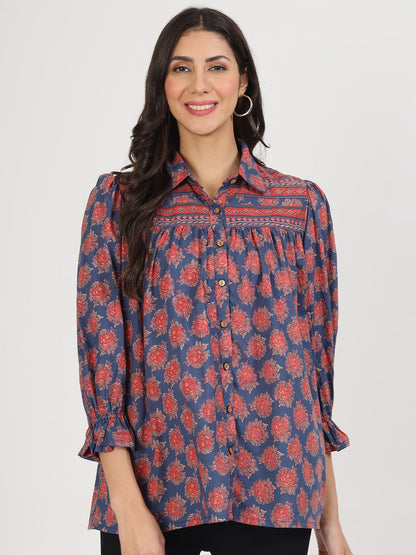 Navy Blue Cotton Peplum FitCollar Neck top for Women