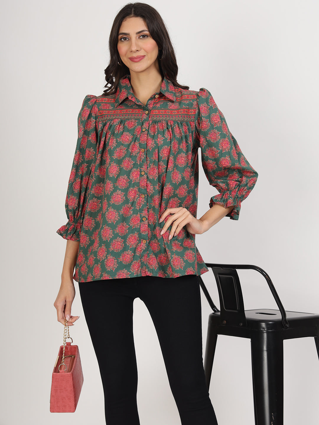 Green Cotton Peplum FitCollar Neck top for Women