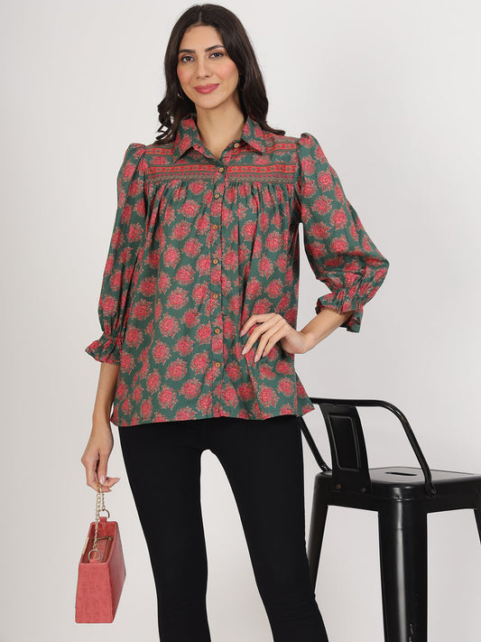 Green Cotton Peplum FitCollar Neck top for Women