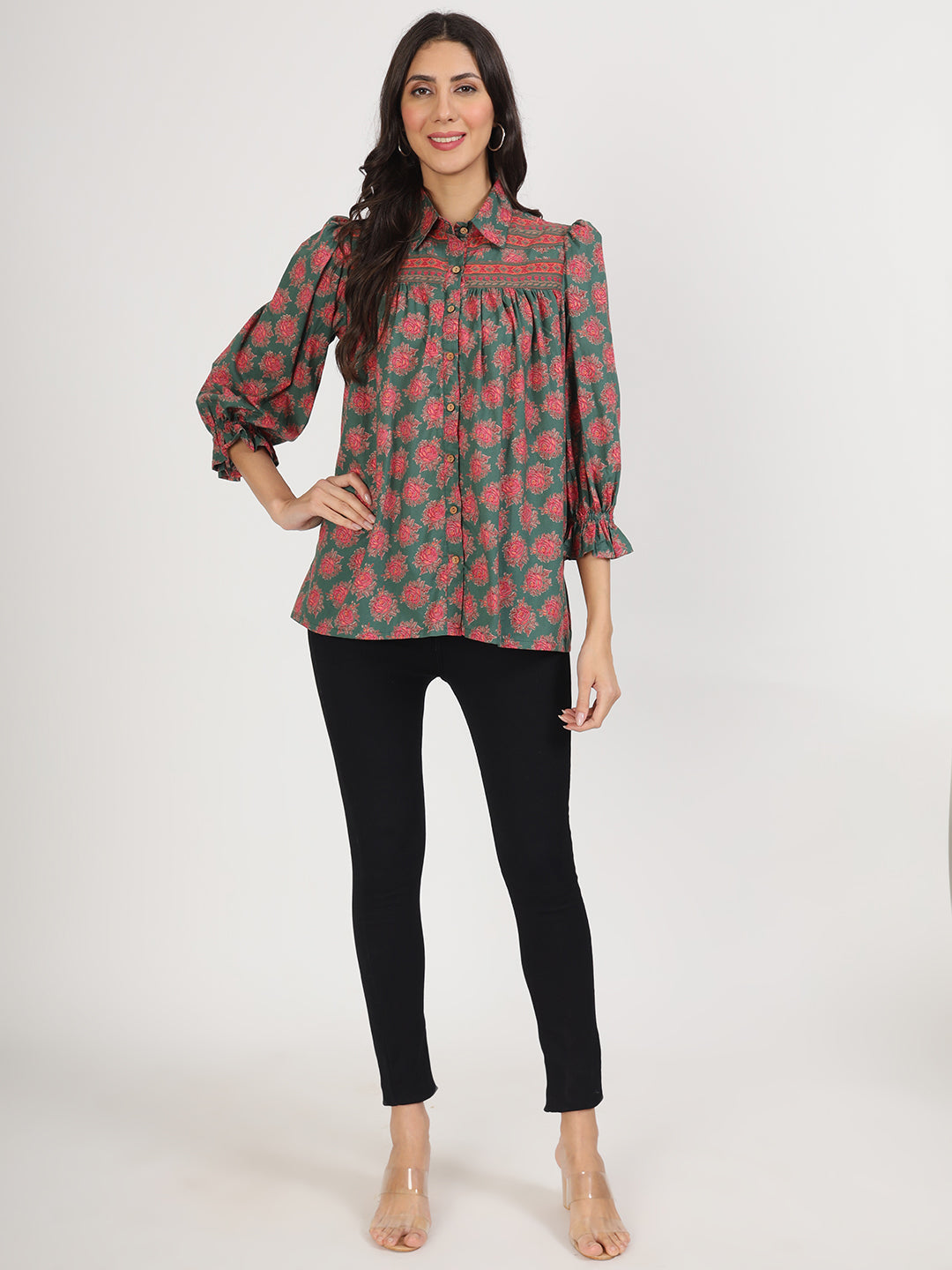 Green Cotton Peplum FitCollar Neck top for Women