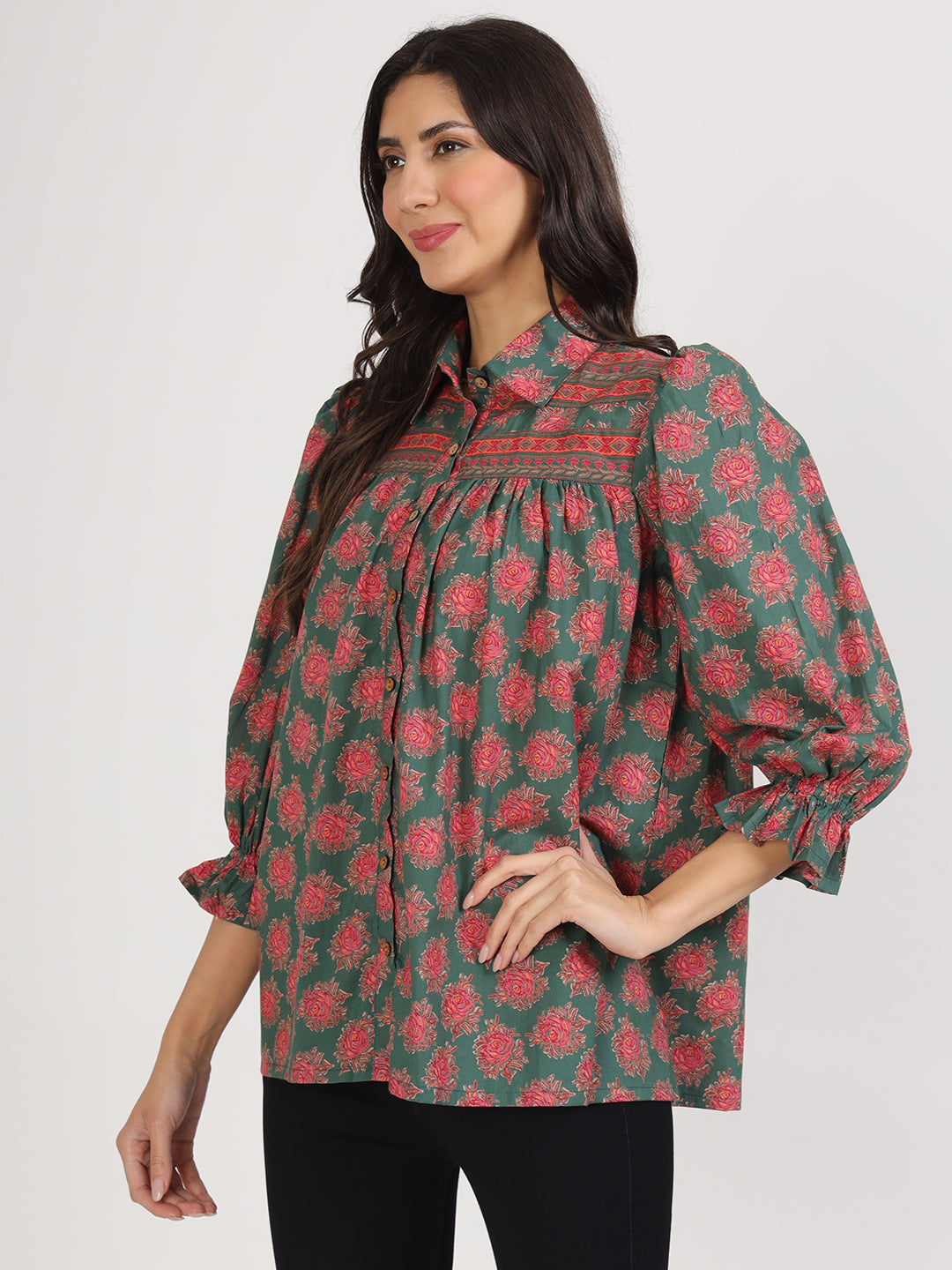 Green Cotton Peplum FitCollar Neck top for Women