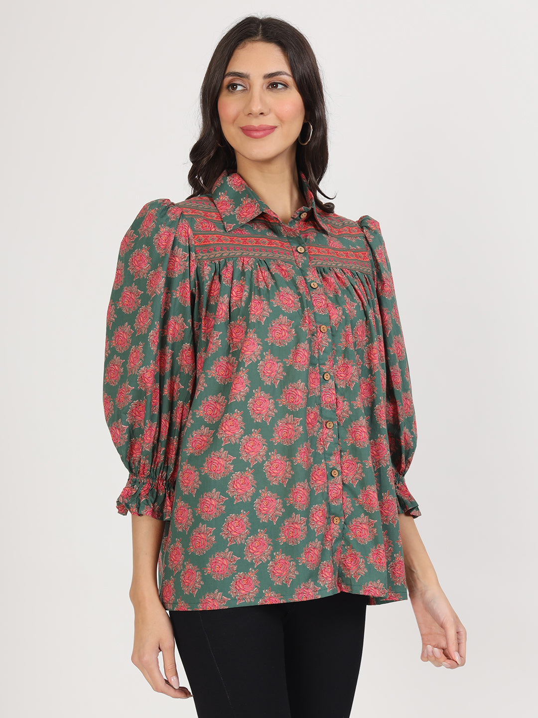 Green Cotton Peplum FitCollar Neck top for Women