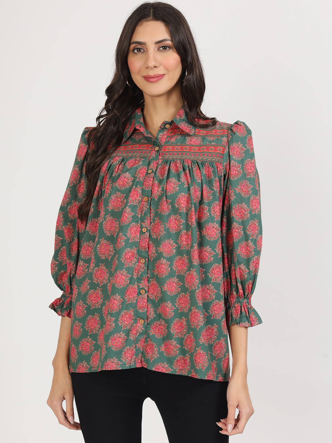 Green Cotton Peplum FitCollar Neck top for Women