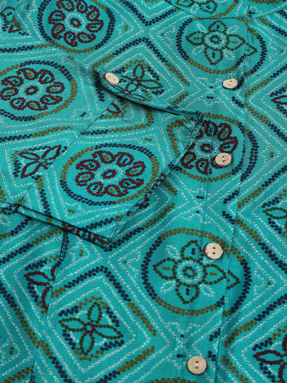 Turquoise Blue Printed Muslin Fold Sleeve top
