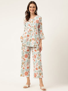 Women Floral Printed Pure Cotton Tunic With Trousers
