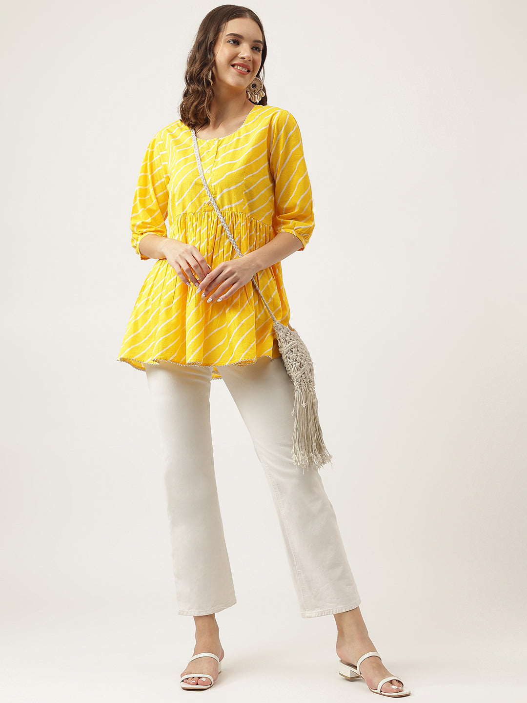 Stripe Printed Yellow Regular Cotton Top