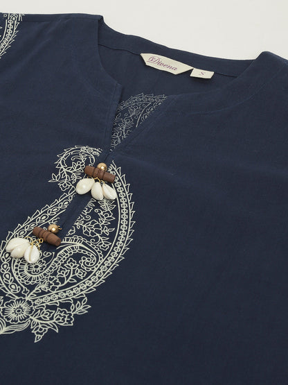 Navy Cotton Paisley Print Kurta Hem Cuffed Pant set