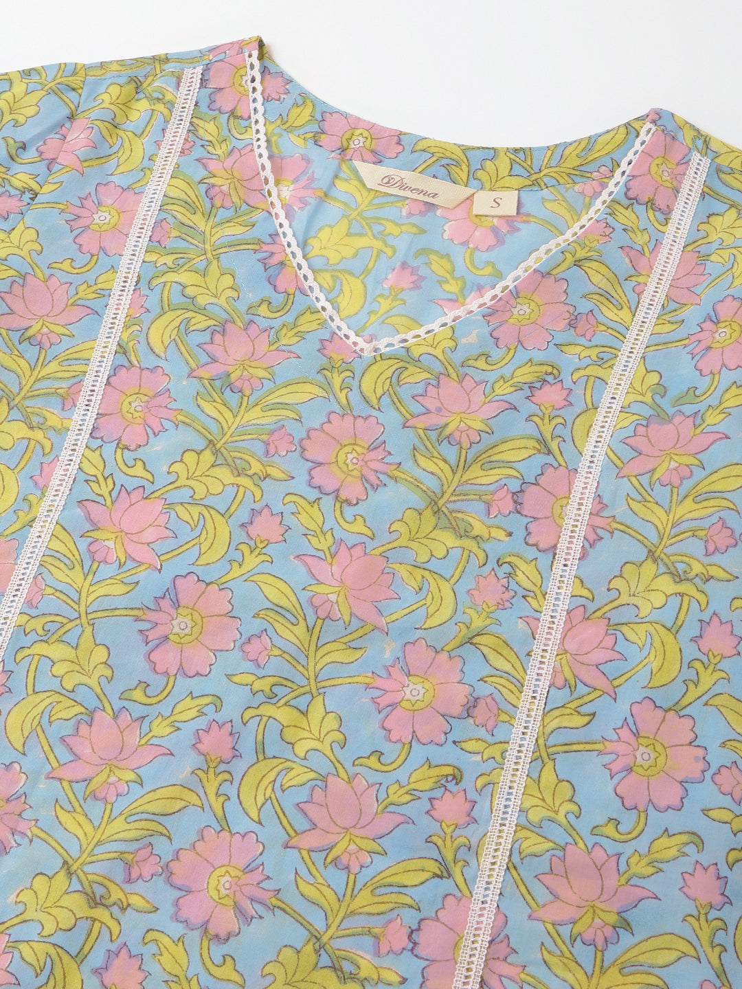 Blue Hand-Block Floral Print Cotton  Kurta, Trouser & Dupatta