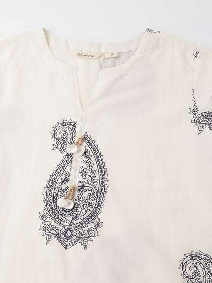 White Paisley Print Cotton Co-ord Set with Mulmul Cotton Lining