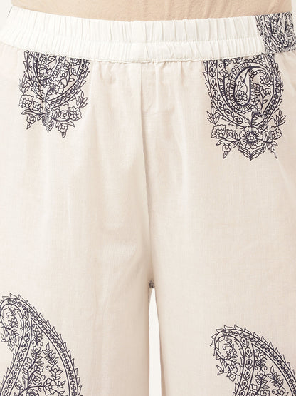 White Paisley Print Cotton Co-ord Set with Mulmul Cotton Lining