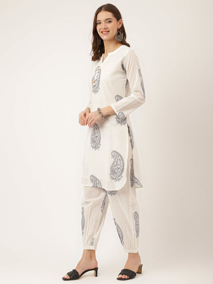 White Paisley Print Cotton Co-ord Set with Mulmul Cotton Lining