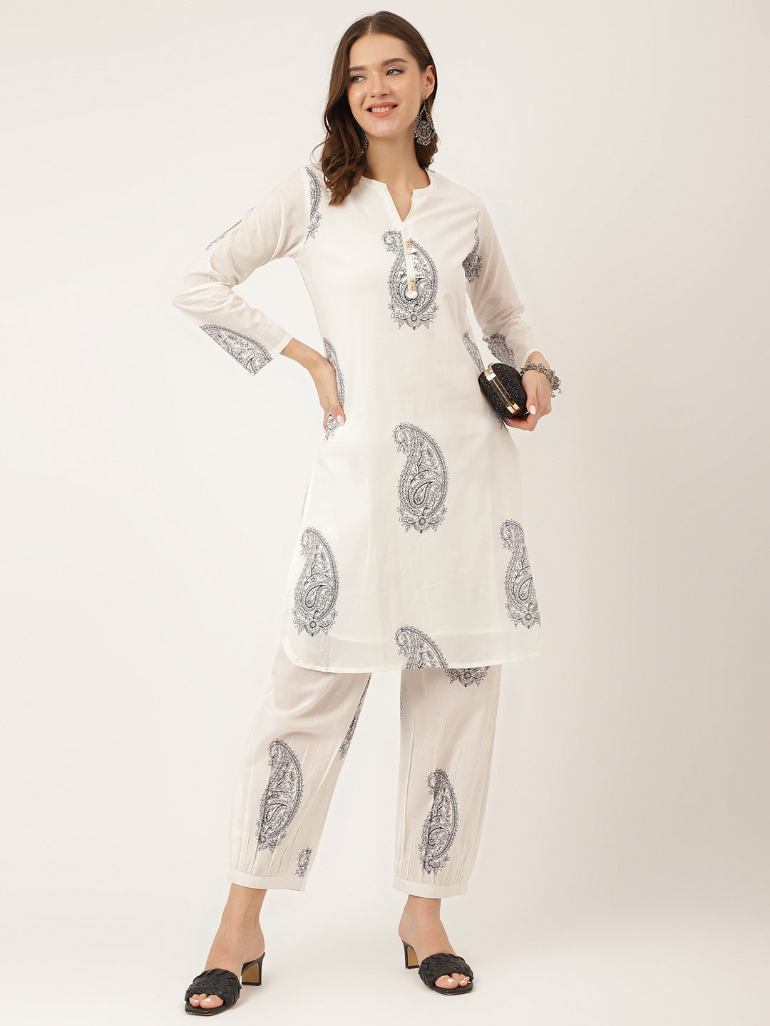White Paisley Print Cotton Co-ord Set with Mulmul Cotton Lining