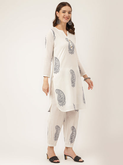 White Paisley Print Cotton Co-ord Set with Mulmul Cotton Lining