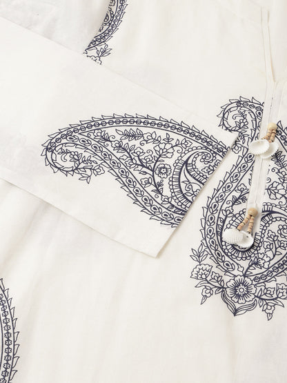 White Paisley Print Cotton Co-ord Set with Mulmul Cotton Lining