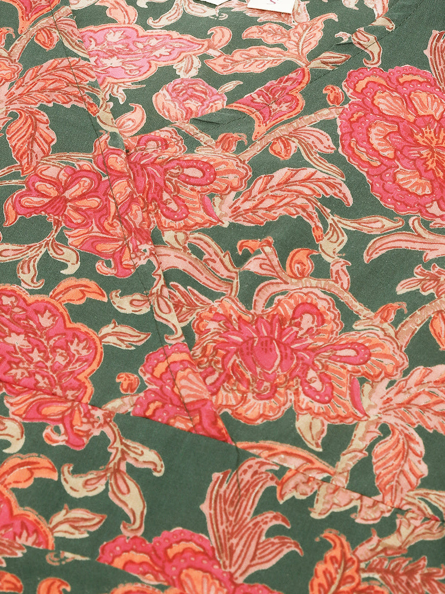 Green Pink Floral Printed Cotton Fit & Flare Mini Dress