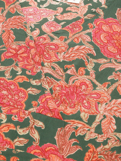 Green Pink Floral Printed Cotton Fit & Flare Mini Dress