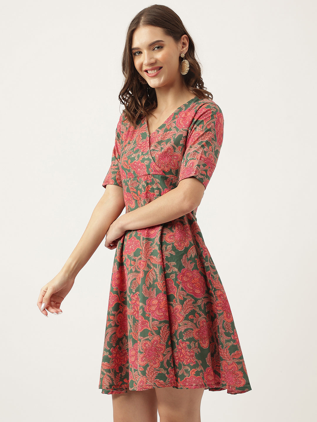 Green Pink Floral Printed Cotton Fit & Flare Mini Dress