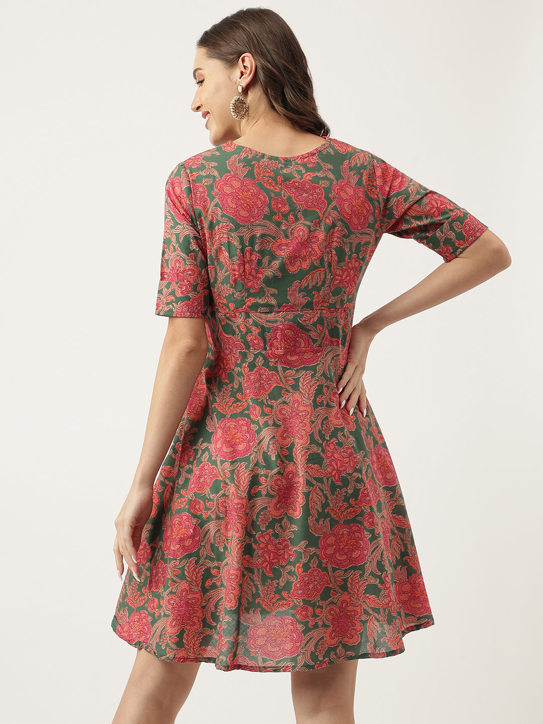 Green Pink Floral Printed Cotton Fit & Flare Mini Dress