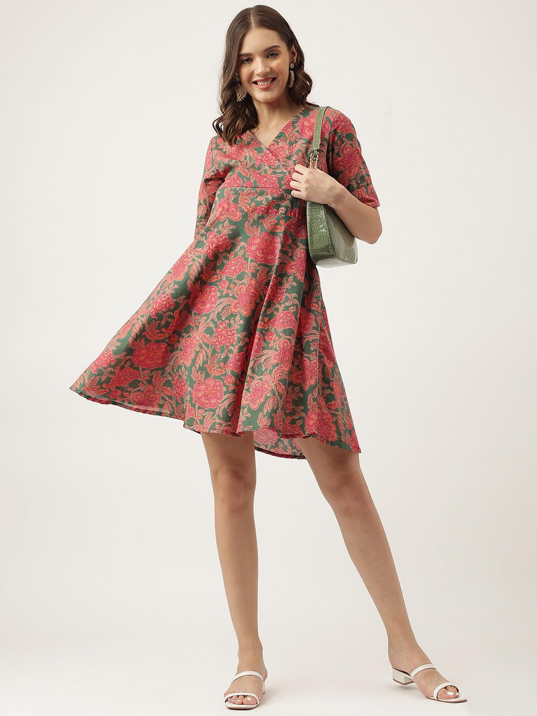 Green Pink Floral Printed Cotton Fit & Flare Mini Dress