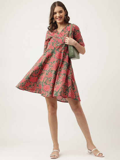Green Pink Floral Printed Cotton Fit & Flare Mini Dress