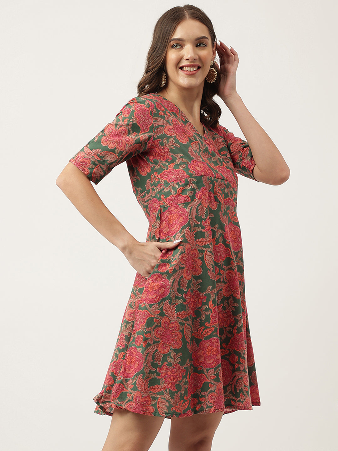 Green Pink Floral Printed Cotton Fit & Flare Mini Dress